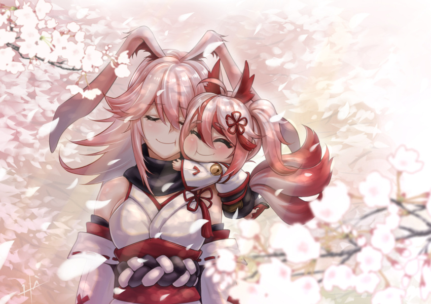 2girls animal_ears bangs bare_shoulders branch cheek-to-cheek cherry_blossoms chibi closed_eyes closed_mouth floating fox_ears fox_girl fox_tail hair_between_eyes hair_ornament heads_together high_lan highres higokumaru honkai_(series) honkai_impact_3rd hug japanese_clothes long_hair long_sleeves miko multicolored_hair multiple_girls outdoors petals pink_hair smile streaked_hair tail tree yae_sakura yae_sakura_(gyakushinn_miko)