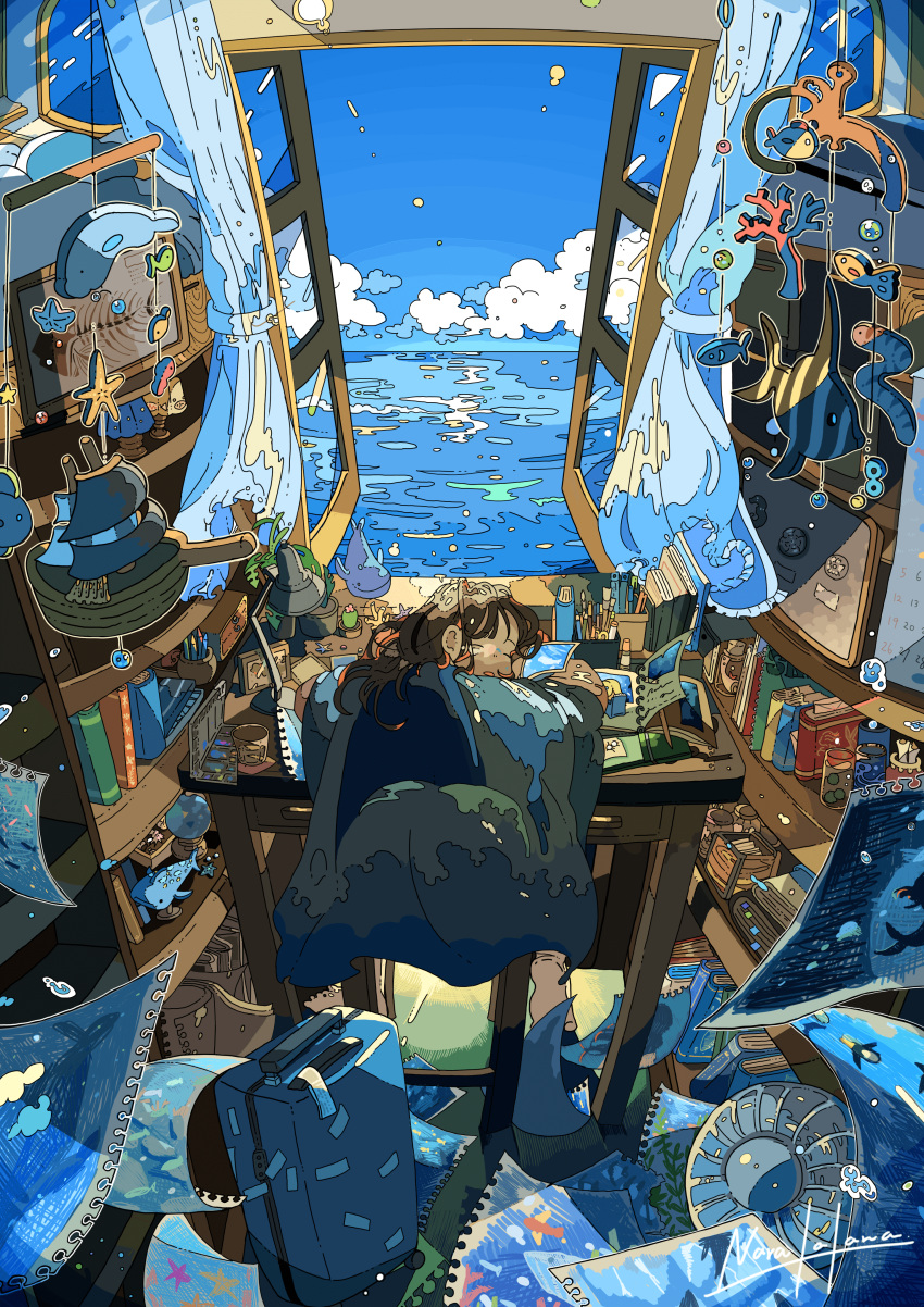 1girl absurdres blue_sky clouds desk highres indoors nara_lalana ocean original room scenery sky window