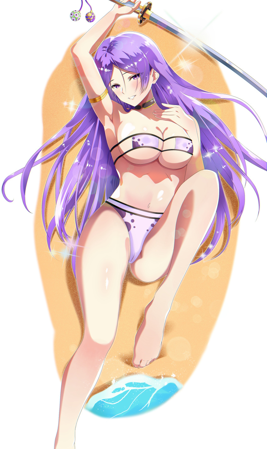 1girl absurdres armpits bangs bare_arms bare_legs bare_shoulders barefoot bikini breasts dakimakura_(medium) fate/grand_order fate_(series) highres holding holding_sword holding_weapon katana large_breasts long_hair looking_at_viewer lying minamoto_no_raikou_(fate) minamoto_no_raikou_(swimsuit_lancer)_(fate) open_mouth patrick_reyes_ii purple_bikini purple_hair smile solo swimsuit sword very_long_hair violet_eyes weapon