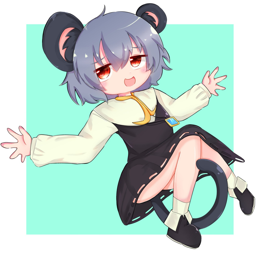 1girl animal_ears bangs black_footwear blue_background capelet commentary cookie_(touhou) crystal eyebrows_visible_through_hair full_body grey_hair grey_skirt grey_vest hair_between_eyes highres jewelry long_sleeves looking_at_viewer mouse_ears mouse_girl mouse_tail nazrin nyon_(cookie) open_mouth pendant red_eyes shirt shoes short_hair simple_background skirt skirt_set smile socks solo stl_(dpb_v) tail touhou two-tone_background vest white_background white_capelet white_legwear white_shirt