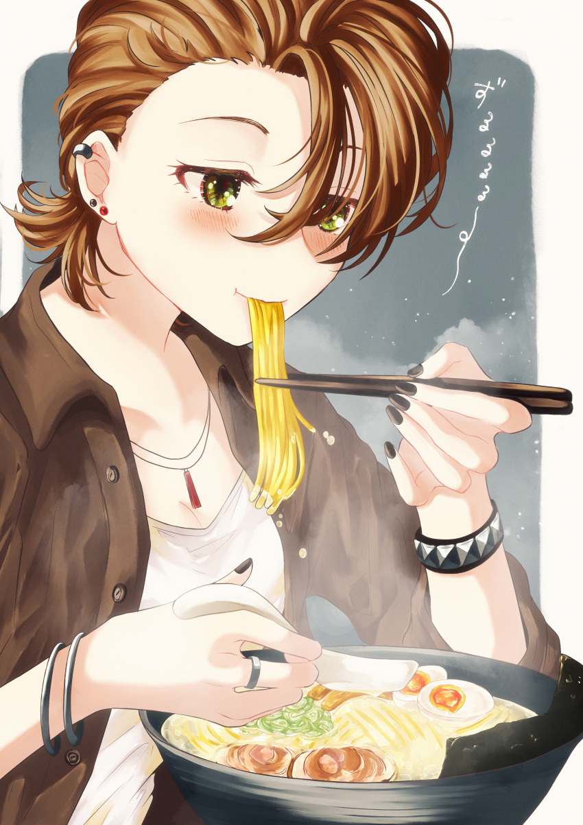 1girl :t absurdres asymmetrical_bangs asymmetrical_hair bangs blush bracelet bright_pupils brown_hair chinese_spoon chopsticks commentary_request ear_piercing eating food forehead green_eyes highres holding holding_chopsticks holding_spoon idolmaster idolmaster_cinderella_girls idolmaster_cinderella_girls_starlight_stage jacket jewelry kimura_natsuki kumatsuki_(no-kirin) light_smile looking_at_object nail_polish noodles open_clothes open_jacket outside_border piercing ramen ring solo spoon two-tone_background upper_body