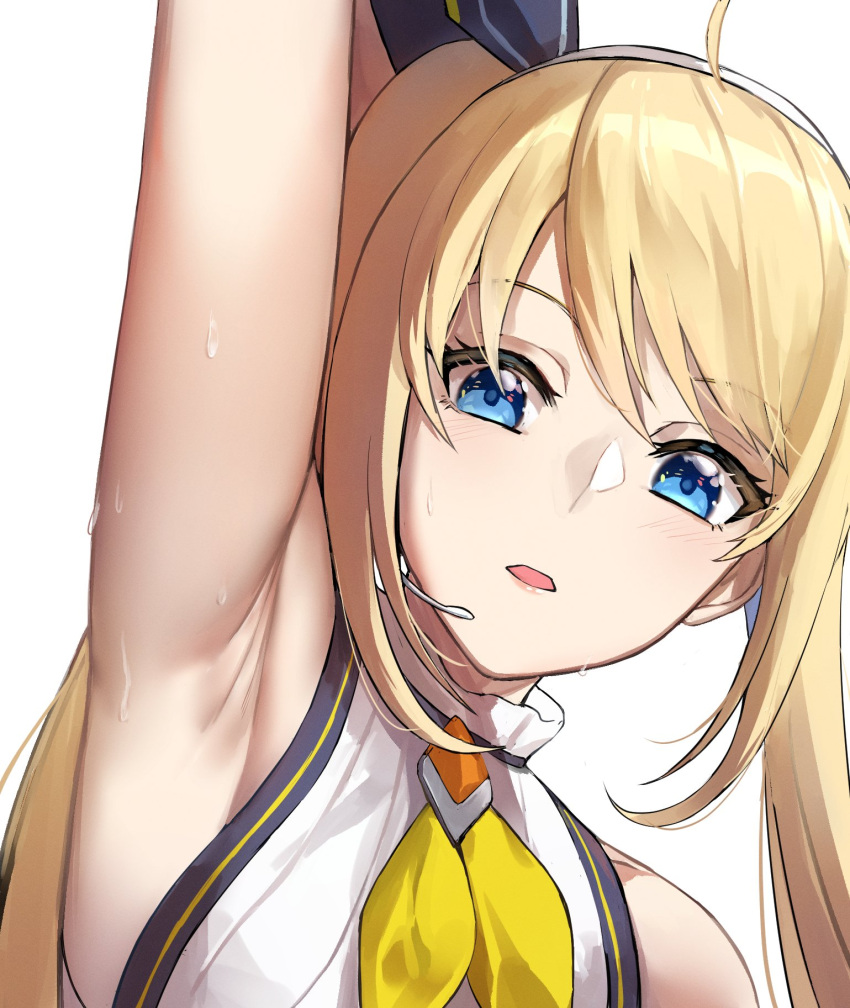 1girl arm_up armpits bangs blonde_hair blue_eyes dobure18 eyebrows_visible_through_hair headset highres long_hair looking_at_viewer nijisanji nijisanji_id open_mouth portrait solo twintails virtual_youtuber white_background yellow_neckwear zea_cornelia