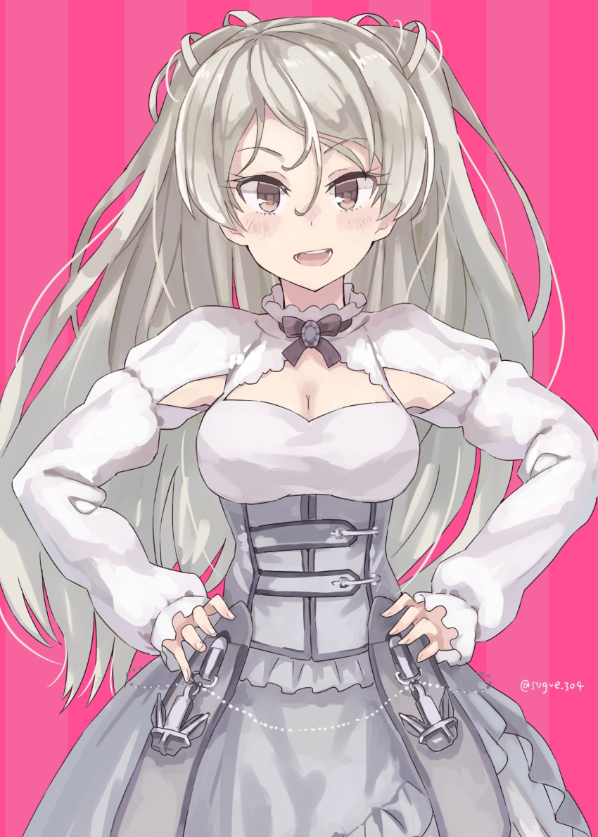 1girl blush breasts brown_eyes conte_di_cavour_(kancolle) dress eyebrows_visible_through_hair hair_between_eyes hands_on_hips highres kantai_collection large_breasts layered_dress long_hair long_sleeves looking_at_viewer open_mouth silver_hair solo striped striped_background sugue_tettou twitter_username two-tone_dress two_side_up upper_body white_dress