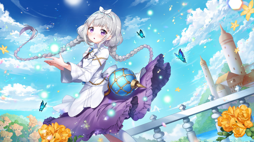 1girl :o animal apple_caramel bangs blue_sky braid bug building butterfly clouds commentary_request copyright_request day eyebrows_visible_through_hair flower frilled_skirt frills grey_hair highres long_hair long_sleeves looking_at_viewer low_twintails outdoors parted_lips purple_skirt railing shirt skirt sky solo tower twin_braids twintails very_long_hair violet_eyes white_shirt wide_sleeves yellow_flower