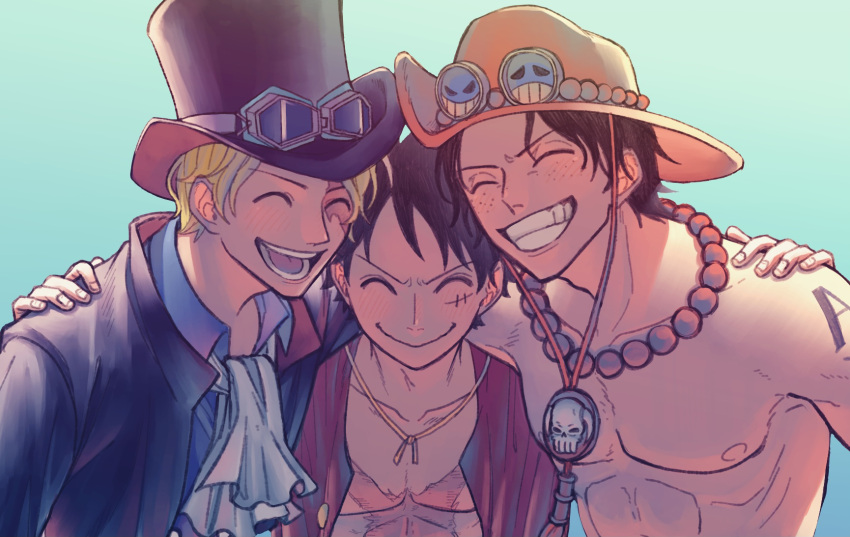 3boys :d ^_^ ascot black_hair blonde_hair brothers closed_eyes freckles goggles goggles_on_headwear hand_on_another's_shoulder hat highres hurumori jewelry monkey_d._luffy multiple_boys necklace one_piece portgas_d._ace sabo_(one_piece) scar scar_on_face short_hair siblings smile