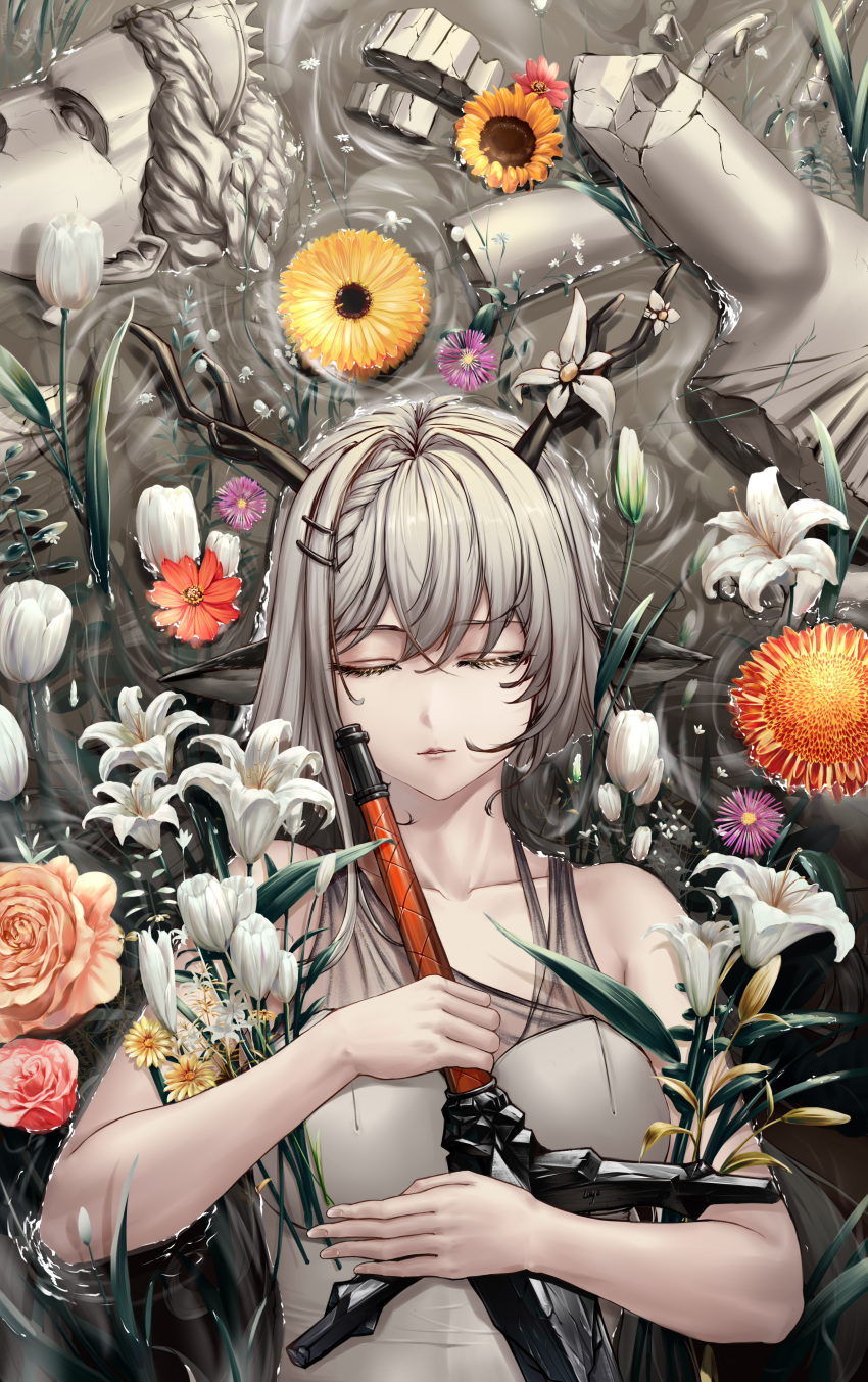 1girl absurdres alina_(arknights) animal_ears arknights breasts closed_eyes closed_mouth collarbone deer_antlers deer_ears deer_girl dress eyebrows_visible_through_hair flower hair_intakes hair_ornament hairclip highres holding holding_flower holding_sword holding_weapon lips long_hair long_loye lying on_back platinum_blonde_hair solo sword upper_body weapon white_dress