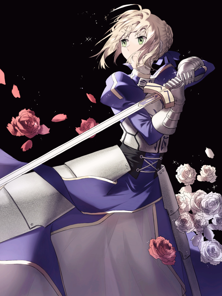 1girl armor armored_dress artoria_pendragon_(fate) black_background blonde_hair blue_ribbon braid breastplate coco_(27192440) crown_braid excalibur_(fate/stay_night) fate/grand_order fate/stay_night fate_(series) flower french_braid gauntlets green_eyes highres juliet_sleeves long_sleeves looking_to_the_side puffy_sleeves ribbon rose saber solo sword weapon white_flower white_rose