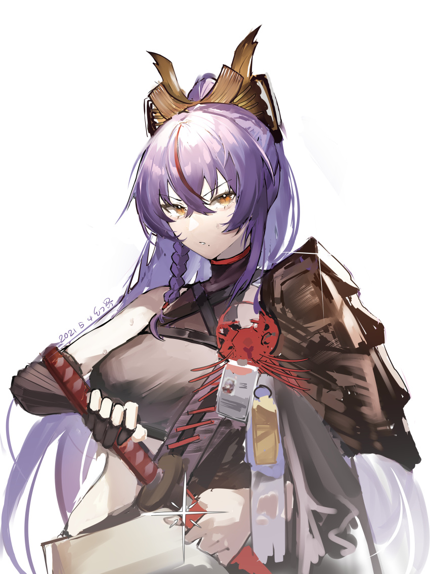 1girl absurdres akafuyu_(arknights) arknights armor black_gloves black_shirt braid chinese_commentary commentary_request crab crop_top dated elbow_gloves eyebrows_visible_through_hair gloves highres holding holding_sword holding_weapon id_card katana long_hair looking_at_viewer mole mole_under_mouth multicolored_hair parted_lips ponytail purple_hair redhead shirt shoulder_armor side_braid simple_background single_glove sleeveless sleeveless_shirt solo sparkle streaked_hair sweat sword upper_body v-shaped_eyebrows weapon white_background xiaohuanjie yellow_eyes