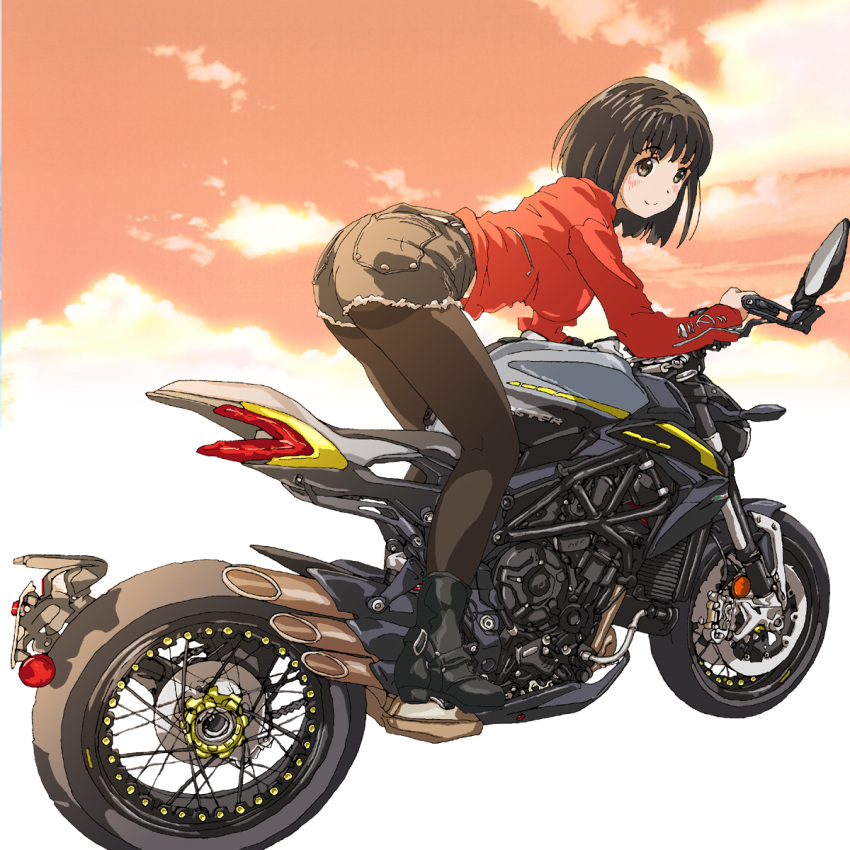 1girl ankle_boots ass black_footwear black_hair black_legwear blush boots brown_eyes closed_mouth commentary_request grey_shorts ground_vehicle hal-py highres jacket koguma_(super_cub) motor_vehicle motorcycle pantyhose red_jacket short_hair short_shorts shorts smile solo super_cub