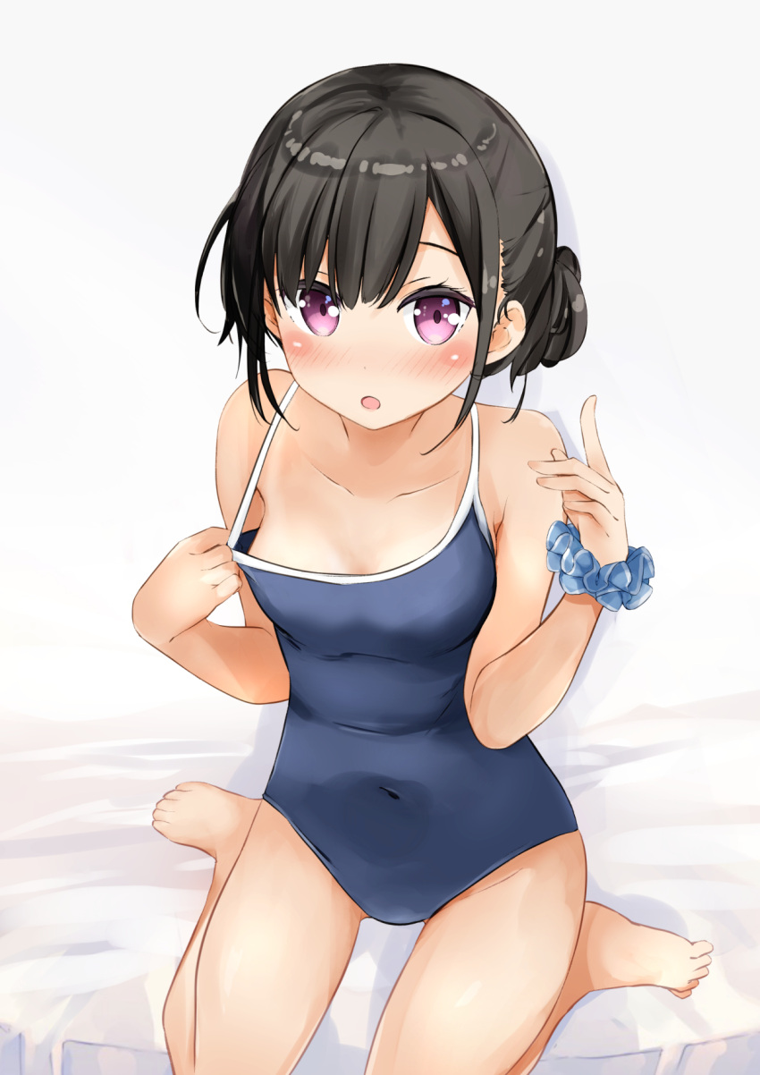 1girl bangs barefoot black_hair blue_scrunchie blue_swimsuit blush breasts clothes_pull collarbone commentary_request covered_navel full_body hands_up highres index_finger_raised looking_at_viewer miyuki_(yxbt7) open_mouth original pulled_by_self school_swimsuit scrunchie side_bun simple_background sitting small_breasts swimsuit swimsuit_pull violet_eyes wariza white_background wrist_scrunchie