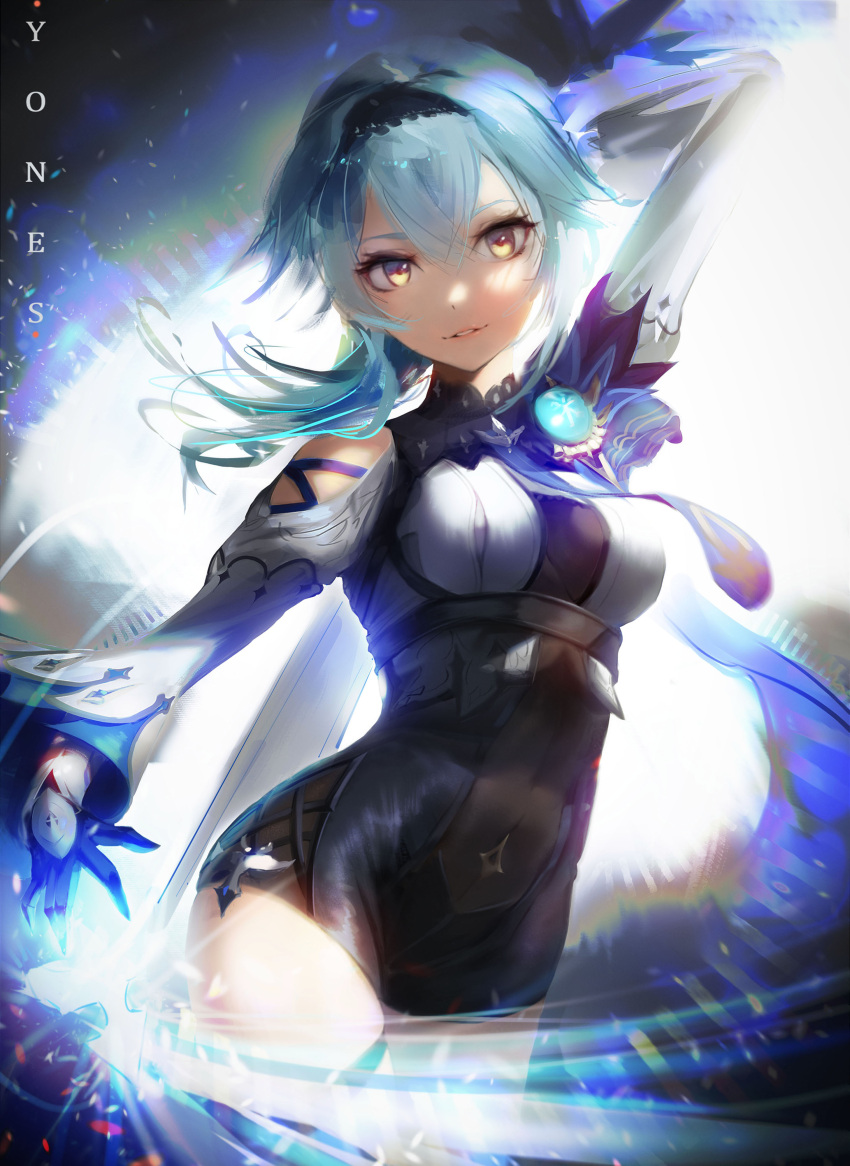 1girl absurdres arm_behind_head arm_up artist_name bangs black_gloves black_hairband black_leotard blue_hair blue_necktie blue_neckwear breasts cape commentary cowboy_shot eula_(genshin_impact) genshin_impact gloves hairband highres holding holding_sword holding_weapon leotard long_hair long_sleeves looking_at_viewer magic medium_breasts necktie parted_lips smile solo standing sword vision_(genshin_impact) weapon wide_sleeves yellow_eyes yonesdraws