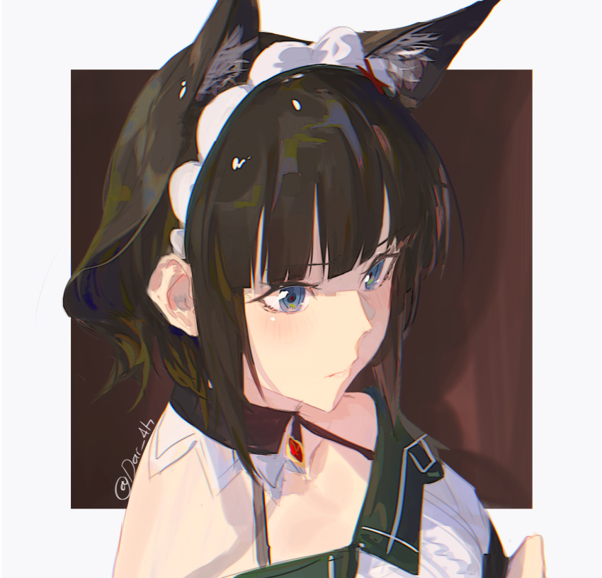 1girl animal_ear_fluff animal_ears blue_eyes brown_background brown_hair cat_ears closed_mouth collarbone commentary darah detached_collar expressionless genshin_impact highres katheryne_(genshin_impact) maid_headdress shirt short_hair solo twitter_username upper_body white_background white_shirt