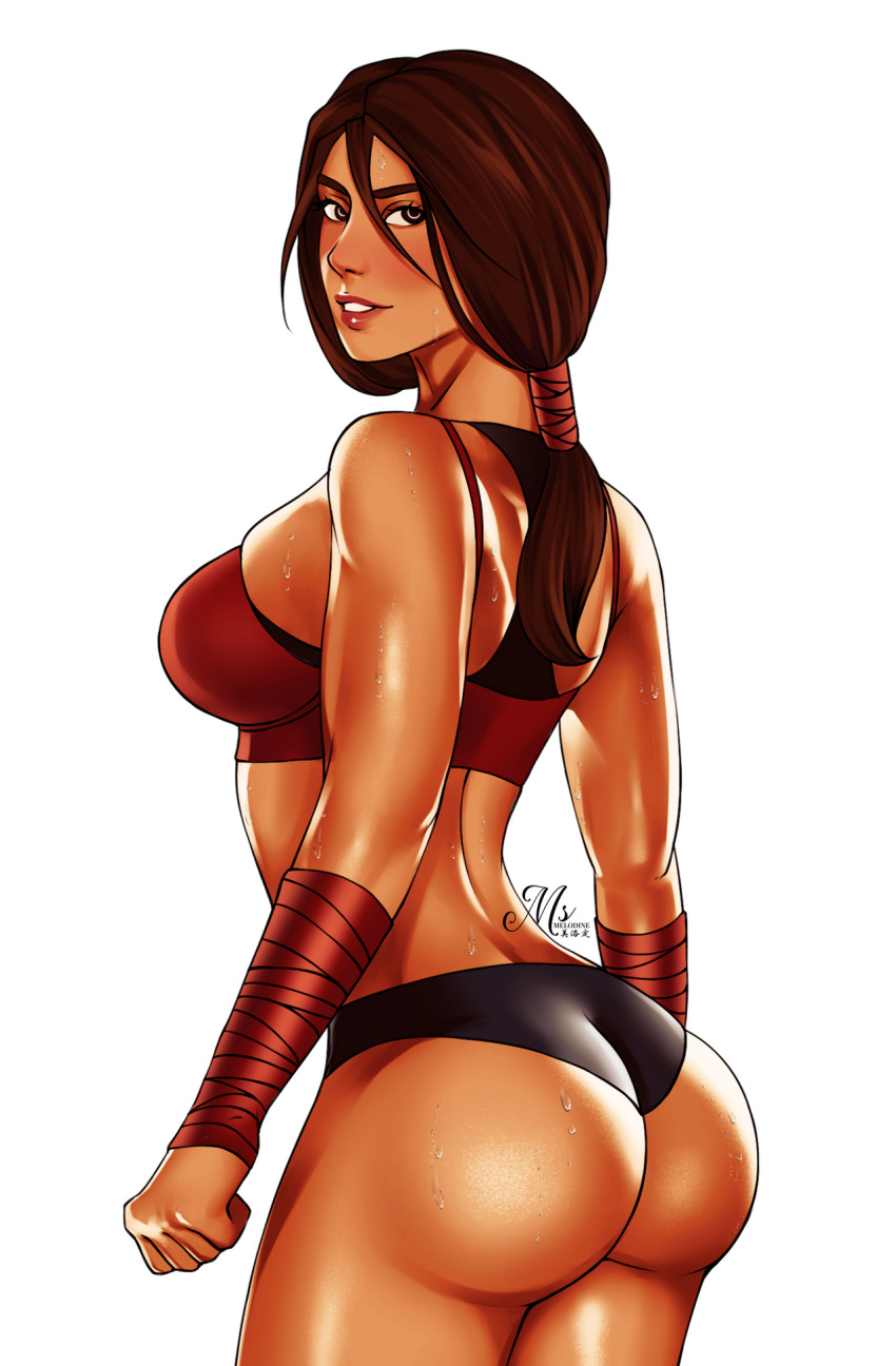 1girl abs ass bandaged_arm bandages black_bloomers breasts brown_hair caveira_(rainbow_six_siege) clenched_hands dark-skinned_female dark_skin grey_eyes highres lips looking_at_viewer looking_back medium_breasts msmelodine muscular muscular_female rainbow_six_siege red_sports_bra shiny shiny_skin sideboob signature simple_background sports_bra sweat tan tied_hair white_background