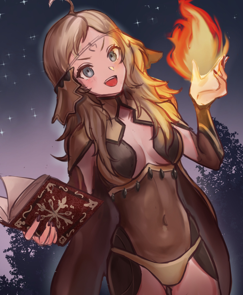 1girl absurdres ahoge ass_visible_through_thighs axeloust bangs blonde_hair bodystocking book breasts cape circlet commission commissioner_upload covered_navel fire fire_emblem fire_emblem_fates green_eyes highres holding holding_book holding_weapon long_hair looking_at_viewer medium_breasts night night_sky open_mouth ophelia_(fire_emblem) panties sky solo star_(sky) starry_sky thighs underwear upper_body weapon