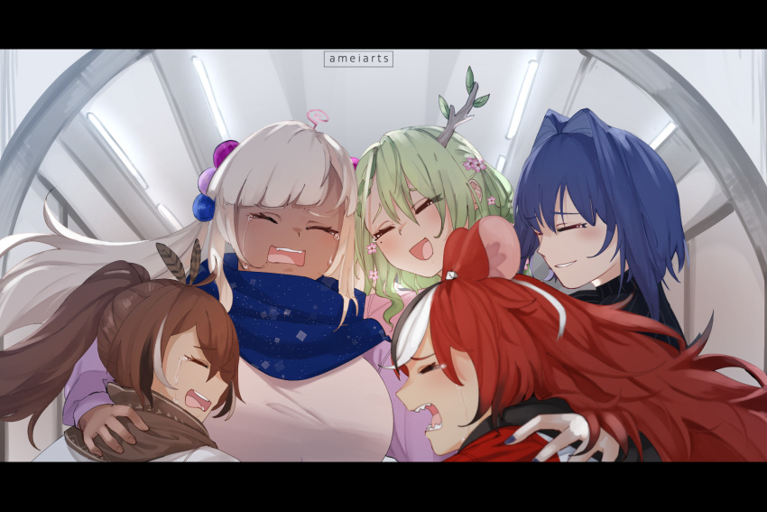 5girls ameiarts animal_ears antlers black_hair black_sweater blonde_hair blue_hair blue_scarf blush breasts brown_hair brown_scarf ceres_fauna crying dark-skinned_female dark_skin english_commentary floating_hair flower green_hair hair_flower hair_intakes hair_ornament hakos_baelz highres holocouncil hololive hololive_english large_breasts limiter_(tsukumo_sana) mole mole_under_eye mouse_ears mouse_girl multiple_girls nanashi_mumei ouro_kronii parted_lips pink_flower ponytail redhead scarf sharp_teeth smile sweater teeth tsukumo_sana twintails virtual_youtuber white_hair