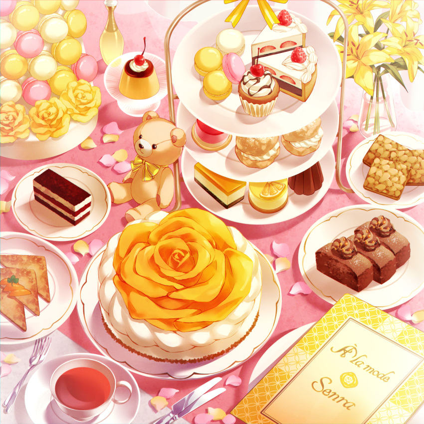 cake cake_slice cup cupcake flower food food_focus food_request fork highres knife macaron menu no_humans original saucer stuffed_animal stuffed_toy tea teacup teddy_bear tiered_tray vase yellow_flower yumesaki