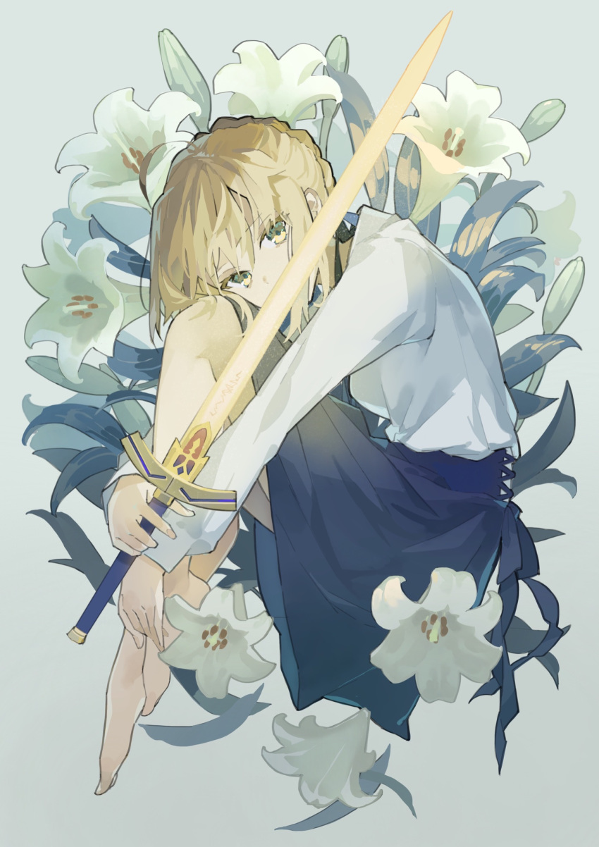 1girl artoria_pendragon_(fate) bangs bare_legs barefoot black_skirt blonde_hair covering_mouth excalibur_(fate/stay_night) fate/grand_order fate_(series) flower highres holding holding_sword holding_weapon knees_up leaf long_sleeves na_na_yu_ta saber shirt skirt solo sword weapon white_flower white_shirt yellow_eyes