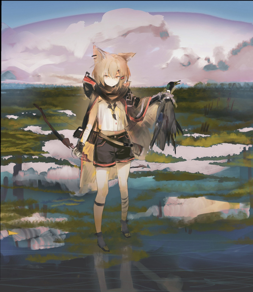 1girl animal animal_ears arknights bangs bird black_gloves black_shorts bow_(weapon) closed_mouth clouds commentary_request duck expressionless fingerless_gloves fox_ears fox_girl full_body gloves hair_ornament hairclip highres holding holding_animal holding_bow_(weapon) holding_weapon hunting leg_wrap light_brown_hair looking_at_viewer notched_ear on_(_l0_) orange_eyes prosthesis prosthetic_arm shirt short_hair shorts sleeveless sleeveless_shirt solo tail vermeil_(arknights) water weapon wetland white_shirt