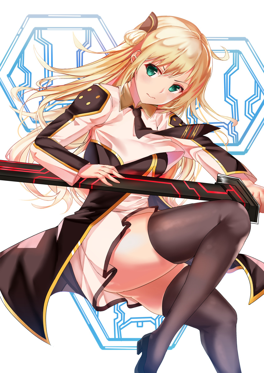 1girl absurdres black_neckwear blonde_hair closed_mouth collared_shirt deogho_(liujinzy9854) duel_monster feet_out_of_frame full_body gold_trim green_eyes hair_between_eyes hair_ornament high_heels highres holding holding_sword holding_weapon korean_commentary long_hair necktie pantyhose pink_shirt pink_skirt shirt simple_background skirt sky_striker_ace_-_raye solo sword thigh-highs thighs weapon yu-gi-oh!