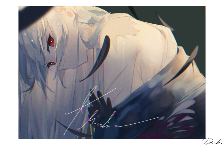 1girl absurdres bare_shoulders black_jacket blue_hair border chromatic_aberration closed_mouth commentary darah expressionless falling_feathers girls_frontline highres jacket long_hair looking_at_viewer off_shoulder red_eyes scar_on_back signature solo thunder_(girls'_frontline) upper_body white_border