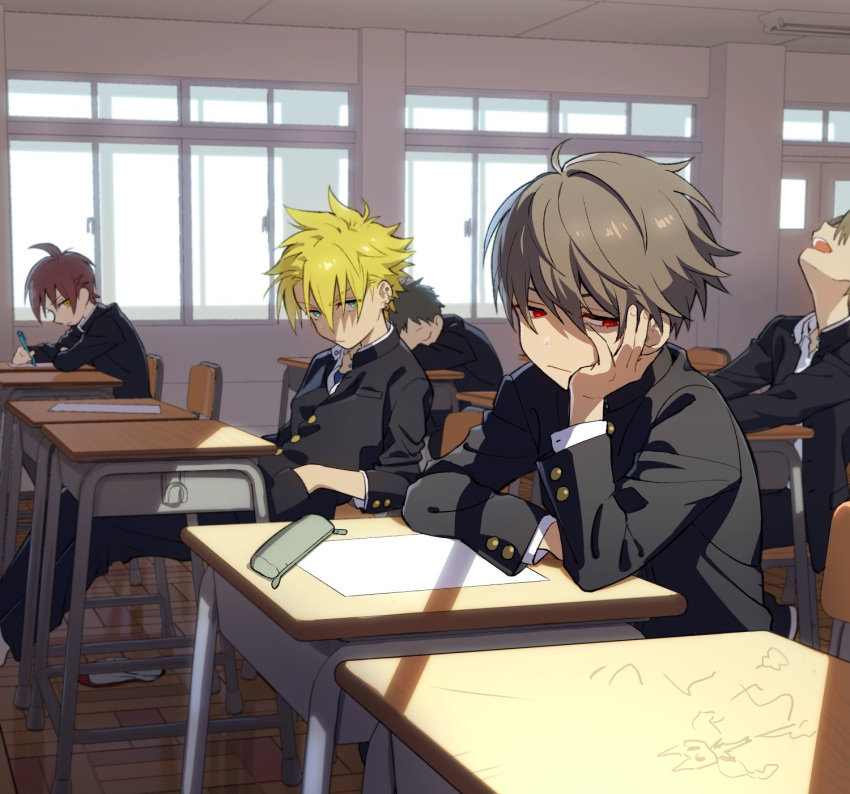 5boys bangs black_jacket black_pants blonde_hair brown_hair chair child_drawing classroom closed_eyes closed_mouth desk ear_piercing elbow_rest gakuran green_eyes hair_between_eyes hands_in_pockets head_rest highres indoors jacket male_focus multiple_boys open_mouth original pants paper pencil_case piercing pillow_(nutsfool) red_eyes redhead school_desk school_uniform shirt sitting spiky_hair white_shirt yellow_eyes