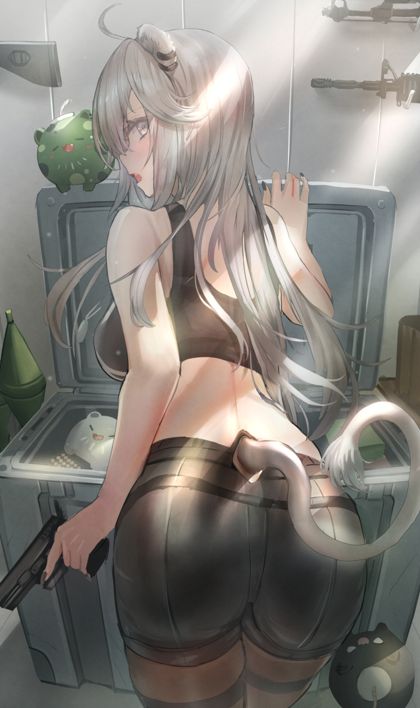 1girl ahoge animal_ears ass black_bra black_legwear black_shorts bra breasts ear_piercing fang from_behind grey_eyes grey_hair gun handgun highres holding holding_gun holding_weapon hololive large_breasts lion_ears lion_girl lion_tail long_hair looking_at_viewer looking_back official_alternate_costume pantyhose piercing qian_wu_atai shishiro_botan shorts solo sports_bra ssrb standing tail underwear very_long_hair virtual_youtuber weapon weapon_case