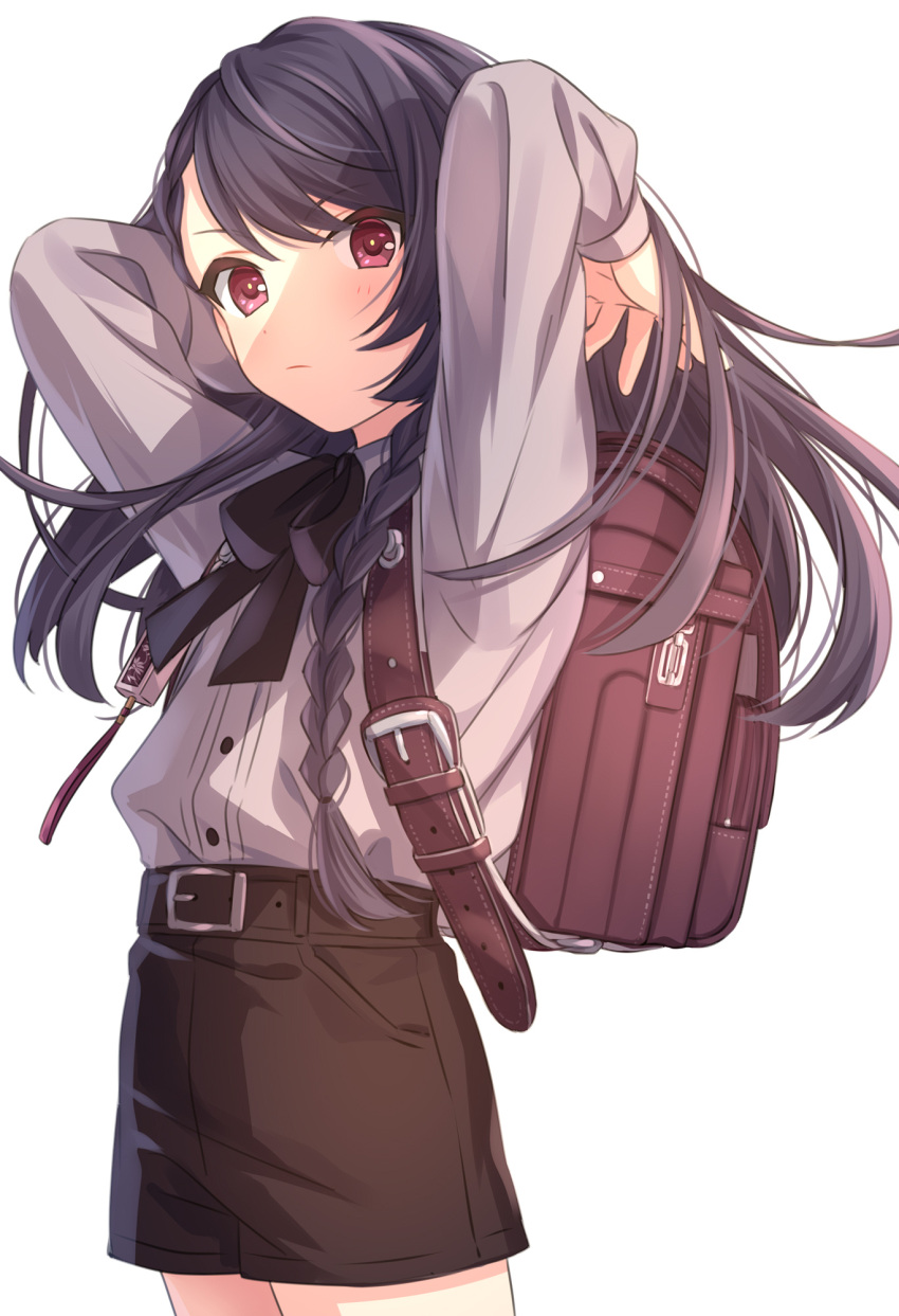 1girl arms_behind_head arms_up backpack bag black_bow black_hair bow braid brown_shorts closed_mouth collared_shirt cowboy_shot grey_shirt highres long_hair long_sleeves looking_at_viewer original randoseru red_eyes sekina shirt short_shorts shorts simple_background single_braid solo white_background