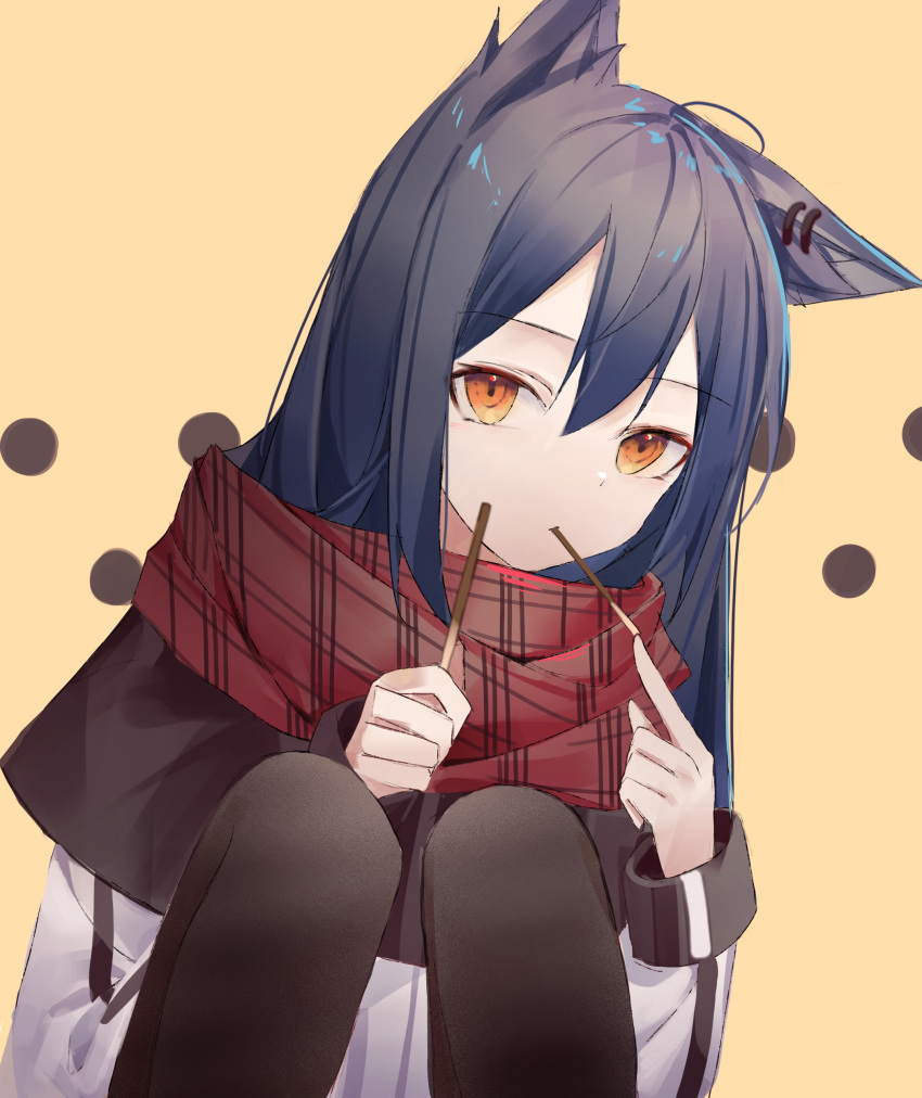 0_(znanimo) 1girl absurdres animal_ears arknights black_legwear black_shorts capelet food food_in_mouth hair_between_eyes highres jacket long_hair long_sleeves looking_at_viewer mouth_hold multicolored_hair orange_background pantyhose pocky red_scarf scarf short_shorts shorts simple_background solo squatting symbol-only_commentary texas_(arknights) white_jacket wolf_ears