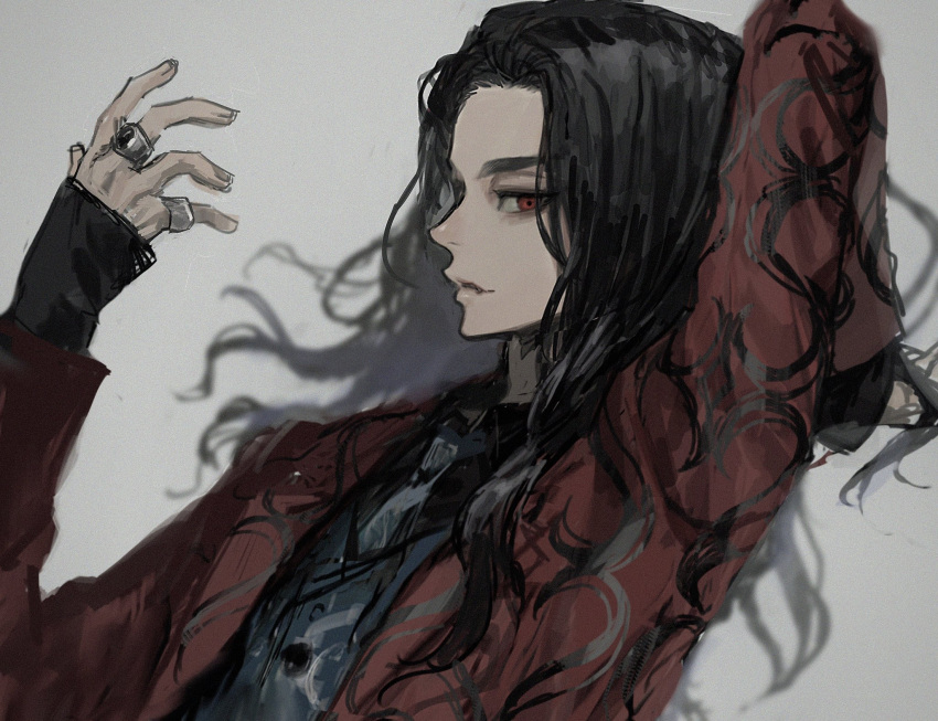 1boy arm_up baji_keisuke black_hair black_shirt blue_vest fang grey_background hand_up highres jacket jewelry lcu_ivv long_hair long_sleeves looking_at_viewer male_focus necktie profile red_eyes red_jacket ring shirt simple_background sleeves_past_wrists solo tokyo_revengers upper_body vest