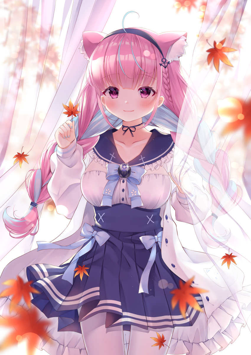 1girl absurdres ahoge anchor_hair_ornament anchor_symbol animal_ear_fluff animal_ears autumn_leaves bangs blue_choker blue_hair blue_hairband blue_nails blue_neckwear blue_skirt blunt_bangs blush bow bowtie braid breasts cat_ears cat_girl choker closed_mouth collarbone cowboy_shot curtains dakimakura_(object) fingernails frilled_shirt_collar frills hair_ornament hairband high-waist_skirt highres hololive jacket large_breasts leaf long_hair long_sleeves looking_at_viewer maple_leaf minato_aqua multicolored_hair mymerody4649 nail_polish open_clothes open_jacket pantyhose pillow pleated_skirt purple_hair reward_available ribbon_choker sailor_collar sailor_shirt shirt sidelocks skirt smile solo streaked_hair twin_braids twintails two-tone_hair underbust violet_eyes white_jacket white_legwear white_shirt