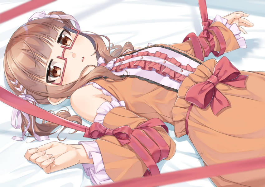 1girl bangs bed_sheet blush bow brown_dress brown_eyes brown_hair brown_sleeves center_frills commentary_request detached_sleeves dress eyebrows_visible_through_hair frilled_dress frilled_sleeves frills glasses idolmaster idolmaster_cinderella_girls ikebukuro_akiha long_sleeves looking_at_viewer miri_(ago550421) parted_lips red-framed_eyewear red_bow semi-rimless_eyewear sleeveless sleeveless_dress solo twintails under-rim_eyewear wide_sleeves