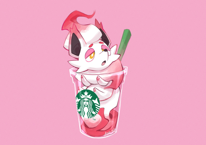 :o bright_pupils commentary cup dar-draws drinking_straw half-closed_eyes highres hisuian_zorua in_container in_cup looking_to_the_side no_humans open_mouth pink_background pokemon pokemon_(creature) simple_background solo starbucks tongue twitter_username white_pupils yellow_eyes