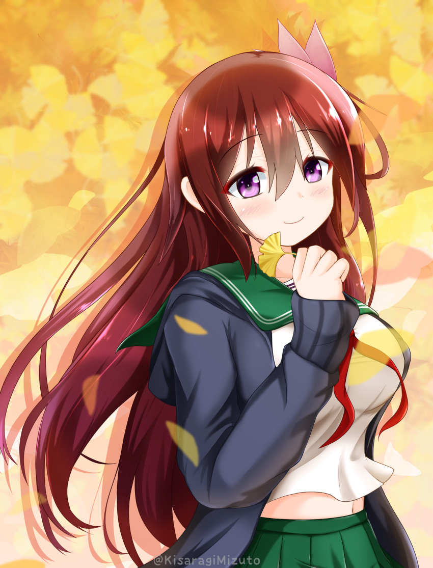 1girl absurdres breasts brown_hair commentary_request ginkgo_leaf green_skirt hair_ornament highres holding holding_leaf jacket kantai_collection kisaragi_(kancolle) kisaragi_mizuto large_breasts leaf light_blush long_hair long_sleeves looking_at_viewer midriff navel neck_ribbon orange_background pleated_skirt red_ribbon remodel_(kantai_collection) ribbon sailor_collar skirt smile solo upper_body violet_eyes