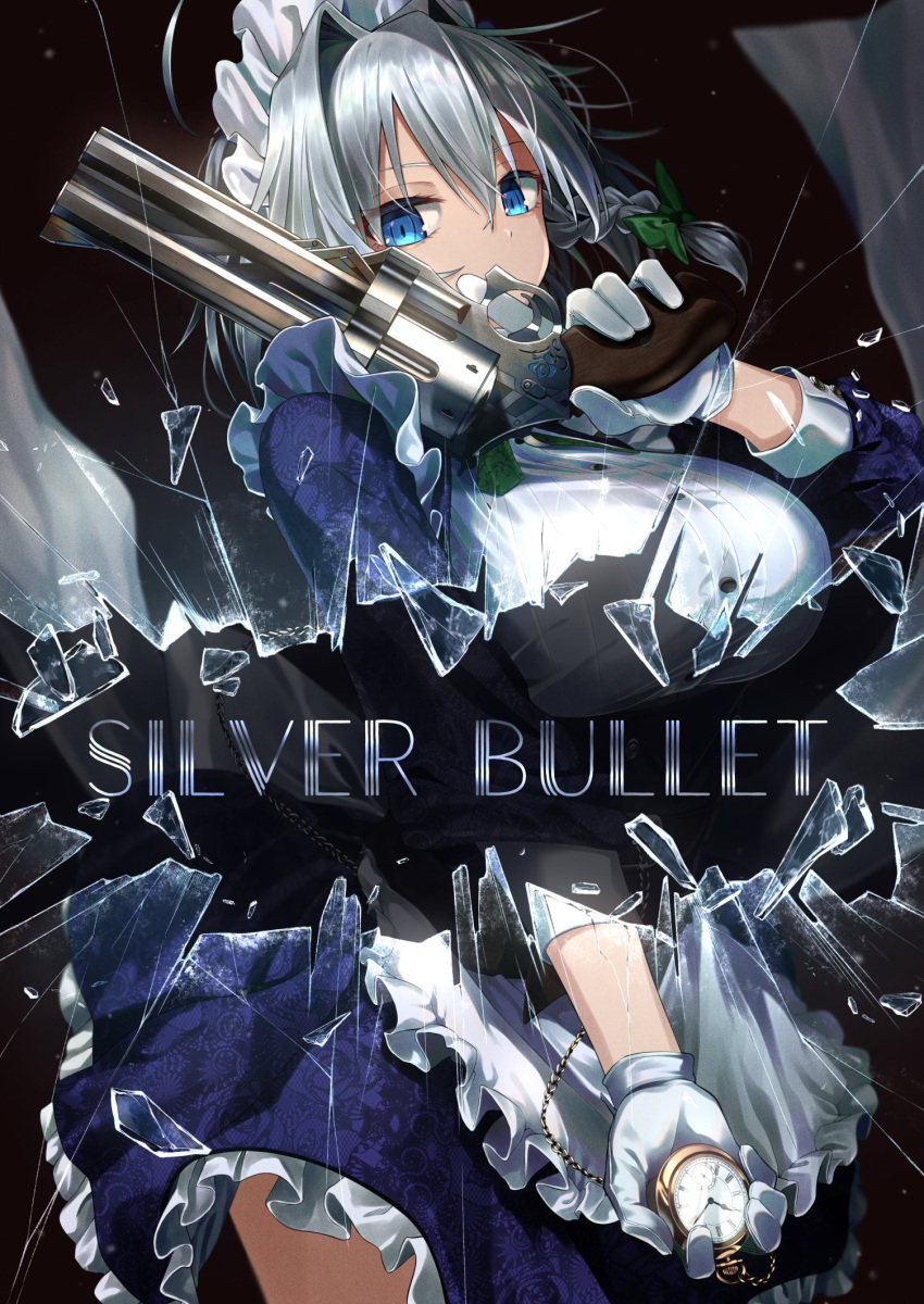 1girl apron back_bow bangs black_background blue_dress blue_eyes bow braid breasts buttons chain commentary_request dress english_text floral_print frilled_dress frills gloves gold_chain green_ribbon greenkohgen gun hair_between_eyes hair_ribbon highres holding holding_gun holding_weapon izayoi_sakuya large_breasts long_sleeves looking_at_viewer maid maid_apron maid_headdress medium_hair pocket_watch revolver ribbon rose_print shards silver_hair simple_background solo standing touhou tress_ribbon twin_braids watch weapon white_bow white_gloves wrist_cuffs