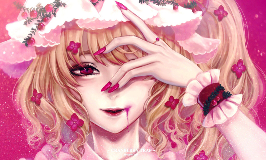 1girl artist_name bangs blonde_hair blurry bokeh covering_one_eye cranberry curly_hair depth_of_field dripping eyebrows_behind_hair eyelashes face fang fang_out fingernails flandre_scarlet flower flower_request frills hand_over_eye hand_up hat highres jewelry kyogoku-uru light_particles light_smile lips long_fingernails medium_hair mob_cap nail_polish nostrils one_side_up parted_lips pink_background pink_nails portrait realistic red_eyes red_flower ring simple_background slit_pupils solo touhou white_headwear wrist_cuffs