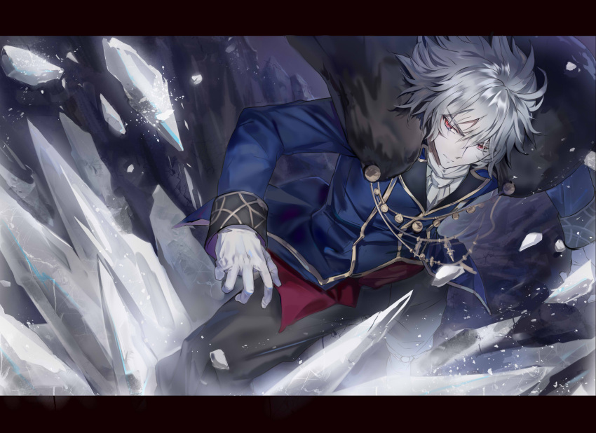 1boy ascot bangs black_border black_pants blue_coat border closed_mouth coat coat_on_shoulders feet_out_of_frame frown fur_coat grey_hair highres ice legs_apart long_sleeves male_focus melty_blood pants qitoli red_eyes red_sash sash short_hair silver_hair sleeve_cuffs solo_focus standing tsukihime tsukihime_(remake) tsurime vlov_arkhangel white_neckwear