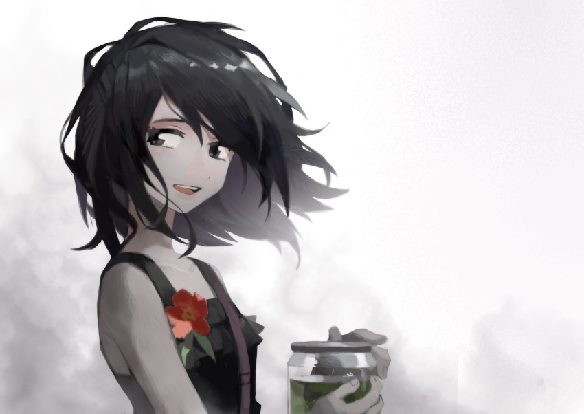 1girl anita_(arknights) arknights bare_shoulders black_dress black_eyes black_hair chinese_commentary commentary_request dress five-fall flower highres holding holding_jar jar lapel_flower lapel_pin looking_to_the_side medium_hair messy_hair open_mouth red_flower solo white_background