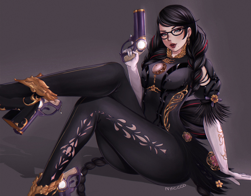 1girl absurdres artist_name bayonetta bayonetta_(series) bayonetta_3 black_hair blue_eyes braid breasts earrings elbow_gloves flower full_body glasses gloves grey_background gun hair_flower hair_ornament high_heels highres holding holding_gun holding_weapon jewelry lipstick long_hair looking_at_viewer makeup mature_female medium_breasts mole mole_under_mouth multiple_braids nyiccco puffy_short_sleeves puffy_sleeves short_sleeves sitting solo trigger_discipline very_long_hair weapon white_gloves