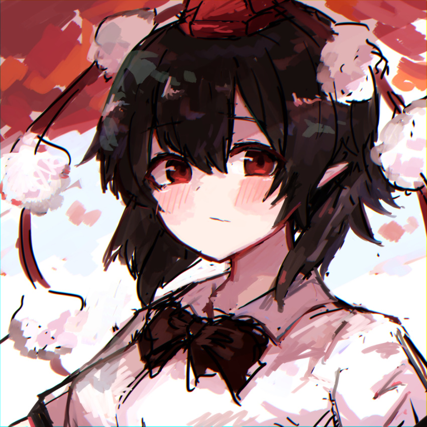 1girl bangs black_hair black_neckwear blush bow bowtie closed_mouth highres kuahri looking_at_viewer medium_hair pointy_ears pom_pom_(clothes) red_background red_eyes red_headwear shameimaru_aya shirt solo touhou upper_body white_background white_shirt
