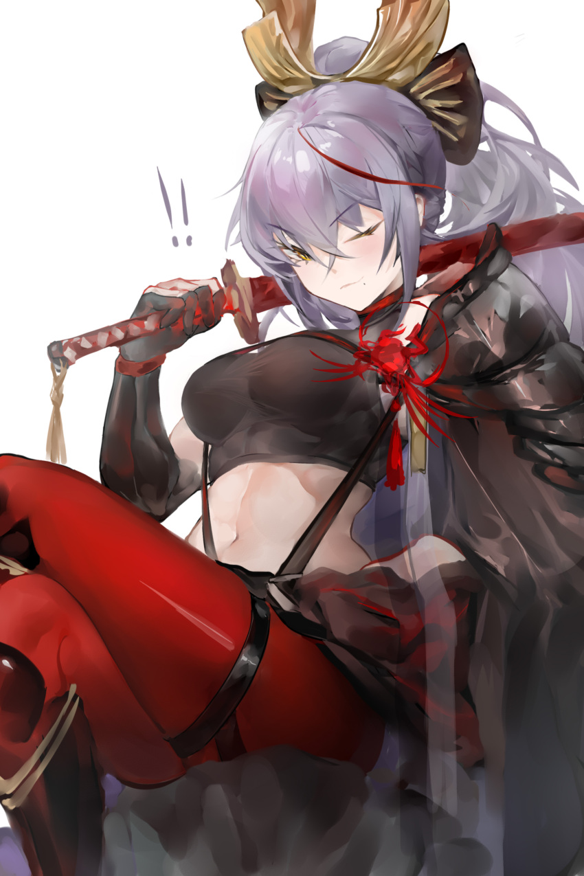 ! !! 1girl absurdres akafuyu_(arknights) arknights black_gloves black_shirt closed_mouth commentary crop_top elbow_gloves eyebrows_visible_through_hair feet_out_of_frame gloves highres holding holding_sword holding_weapon katana leggings liuli_yuanxiaoniao long_hair looking_at_viewer midriff mole mole_under_mouth multicolored_hair navel one_eye_closed pantyhose ponytail purple_hair red_legwear redhead shirt simple_background sitting sleeveless sleeveless_shirt solo streaked_hair sword weapon white_background yellow_eyes