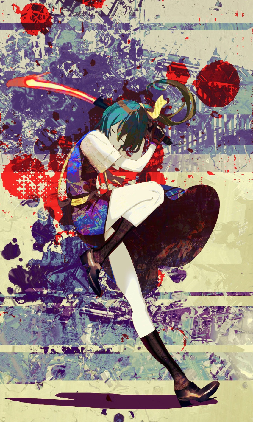1girl abstract_background bangs black_footwear black_legwear blue_skirt blue_vest bow chinese_commentary closed_eyes closed_mouth colored_skin commentary cookie_(touhou) daiyousei diyusi_(cookie) full_body green_hair hair_bow high-visibility_vest highres holding long_hair on_(_l0_) ponytail shirt shoes short_sleeves skirt socks solo touhou traffic_baton vest white_shirt white_skin yellow_neckwear