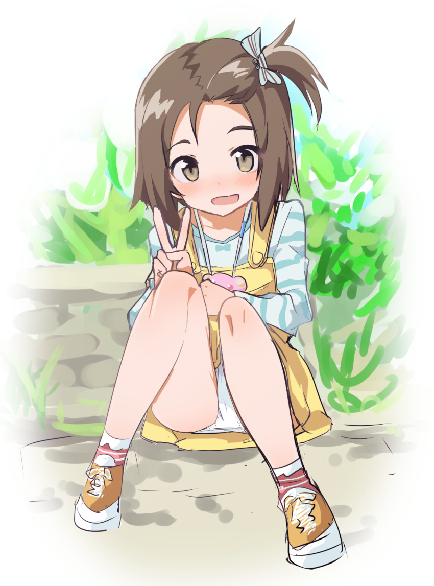 1girl blush brown_eyes brown_hair caburi hair_ornament highres idolmaster idolmaster_cinderella_girls long_sleeves looking_at_viewer one_side_up open_mouth panties pantyshot ribbon short_hair side_ponytail sitting skirt smile solo thighs underwear v white_panties yanase_miyuki yellow_eyes