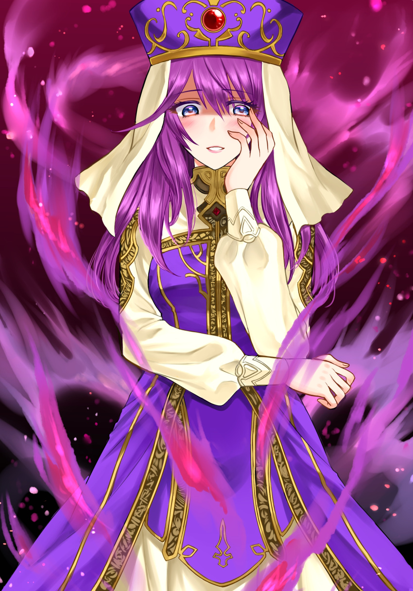 1girl 74 aura blush dark_aura dress eremiya evil_smile fire_emblem fire_emblem:_new_mystery_of_the_emblem grin hand_on_own_cheek hand_on_own_face highres jewelry long_dress long_hair long_sleeves purple_hair purple_headwear robe ruby_(gemstone) shaded_face simple_background smile solo turtleneck veil violet_eyes white_dress yandere