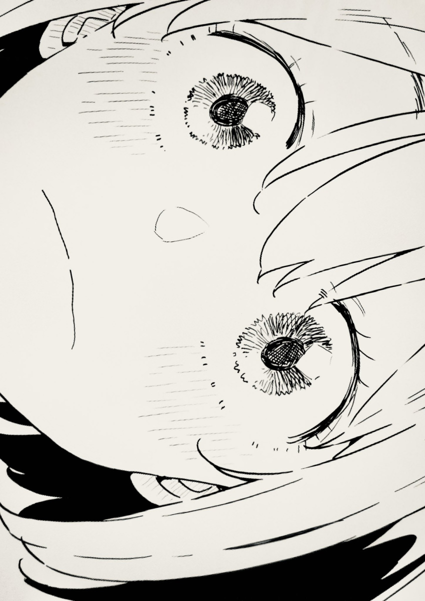 1girl blush closed_mouth ear_blush eye_focus eyebrows_visible_through_hair eyelashes face hair_between_eyes hatching_(texture) highres imigimuru medium_hair original sketch solo wide-eyed