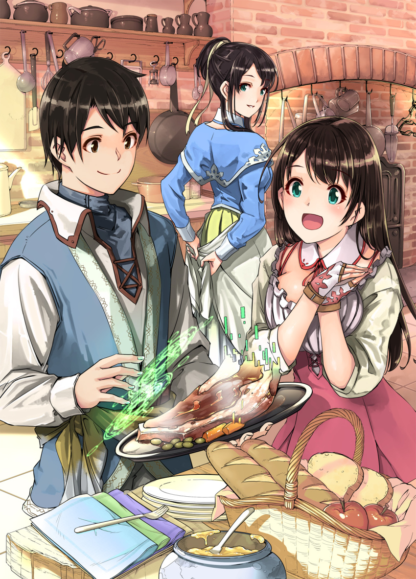 1boy 2girls :d apple aqua_eyes baguette bangs basket black_eyes black_hair blush bread breasts character_request cover_image detached_collar digital_dissolve fingerless_gloves food fork fruit gloves gustav_(telomere_na) hair_bun highres indoors kitchen large_breasts long_hair looking_at_another looking_back multiple_girls novel_illustration npc_to_kurasou! official_art open_mouth own_hands_together picnic_basket plate pot second-party_source shiny shiny_hair short_hair smile steak textless