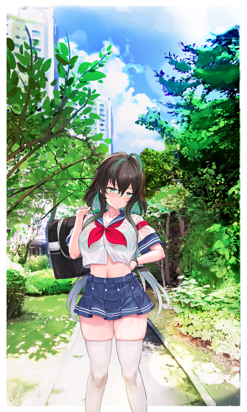 1girl absurdres bag bra breasts green_eyes green_hair highres midriff multicolored_hair navel nijisanji nijisanji_kr outdoors riba school_bag school_uniform see-through serafuku shin_yuya skindentation standing sweat thighs underwear virtual_youtuber white_legwear