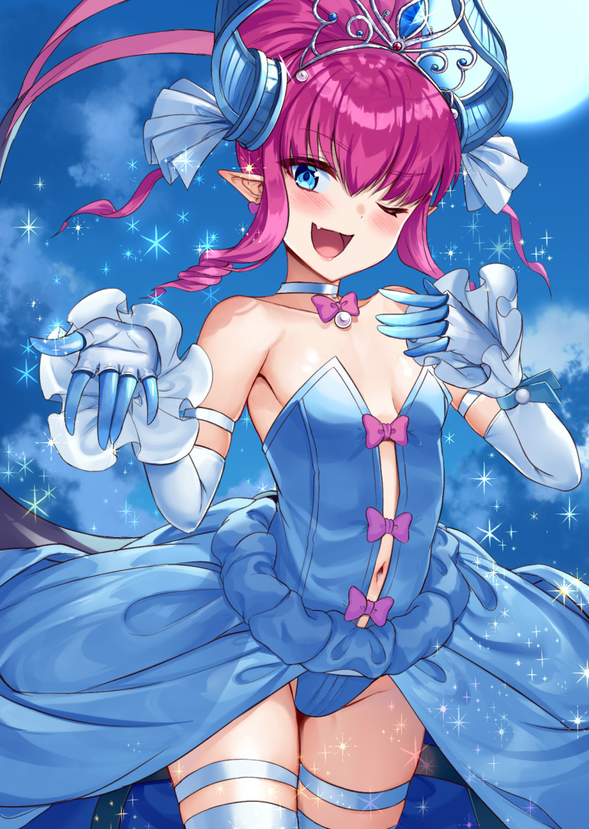 1girl ;d arm_strap bangs bare_shoulders blue_eyes blue_gloves blue_legwear blue_leotard blue_skirt blush bow bowtie breasts center_opening collarbone cowboy_shot earrings elbow_gloves elizabeth_bathory_(cinderella_rider)_(fate) elizabeth_bathory_(fate) elizabeth_bathory_(fate)_(all) eyebrows_visible_through_hair fang fate/grand_order fate_(series) full_moon gloves heart heart_earrings highres horns jewelry leotard long_hair looking_at_viewer moon navel night night_sky official_alternate_costume one_eye_closed open_mouth pink_bow pink_hair pink_neckwear pointy_ears ponytail showgirl_skirt sidelocks skin_fang skindentation skirt sky small_breasts smile solo sparkle strapless strapless_leotard tail tail_raised tenneko_yuuri thigh-highs thigh_strap tiara