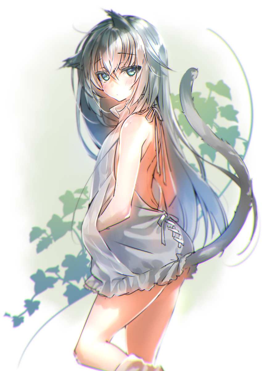 1girl animal_ears backless_dress backless_outfit bangs blush cat_ears cat_girl cat_tail closed_mouth commentary_request dress eyebrows_visible_through_hair feet_out_of_frame green_eyes grey_hair grey_sweater hair_between_eyes hand_in_pocket highres looking_at_viewer looking_to_the_side meme_attire original ribbed_sweater shouna_mitsuishi solo standing standing_on_one_leg sweater sweater_dress tail tail_raised turtleneck turtleneck_sweater virgin_killer_sweater