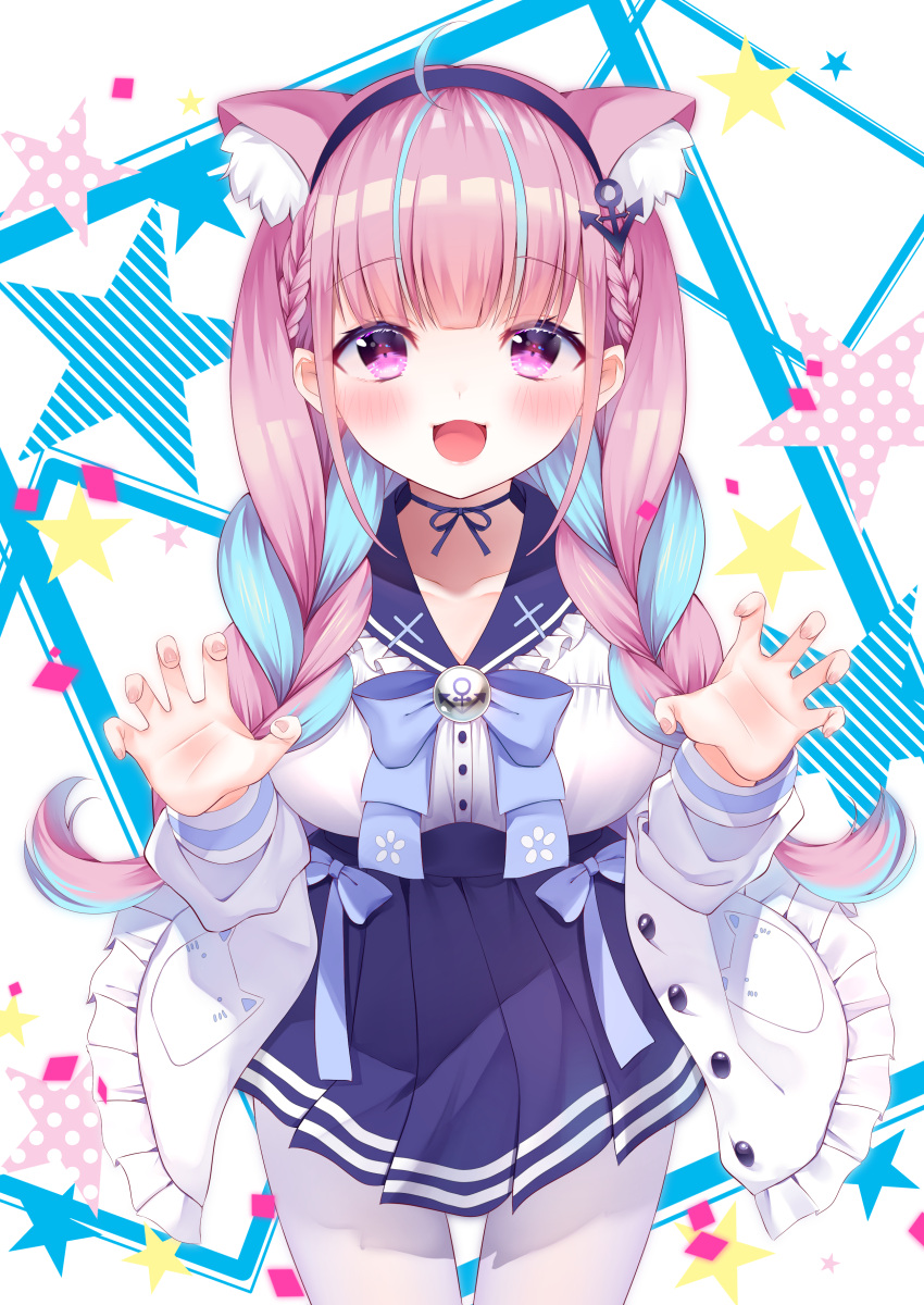 1girl :d absurdres ahoge anchor_hair_ornament animal_ear_fluff animal_ears bangs blue_bowtie blue_choker blue_hair blue_hairband blue_skirt blunt_bangs blush breasts cat_ears cat_girl choker claw_pose fingernails frilled_shirt_collar frills hair_ornament hairband high-waist_skirt highres hololive jacket large_breasts long_hair long_sleeves looking_at_viewer minato_aqua multicolored_hair mymerody4649 open_clothes open_jacket pantyhose pleated_skirt purple_hair ribbon_choker sailor_collar sailor_shirt shirt sidelocks skirt smile solo streaked_hair two-tone_hair underbust violet_eyes virtual_youtuber white_jacket white_legwear white_shirt
