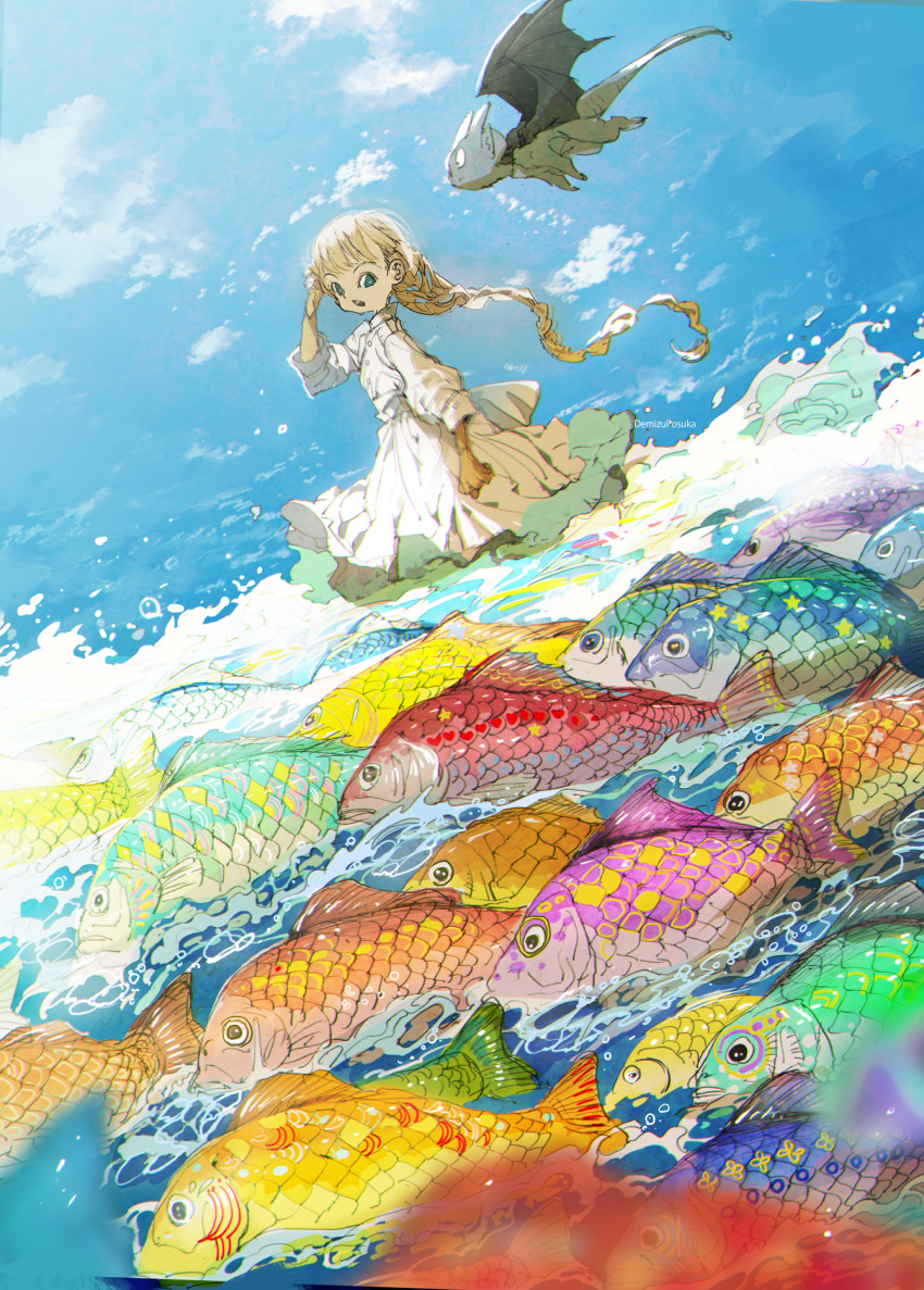 1girl blonde_hair blue_eyes blue_scales blue_sky braid braided_ponytail demizu_posuka dragon dress fish green_scales highres long_hair looking_at_animal orange_scales original purple_scales red_scales scenery sky star_(symbol) very_long_hair wading white_dress yellow_scales